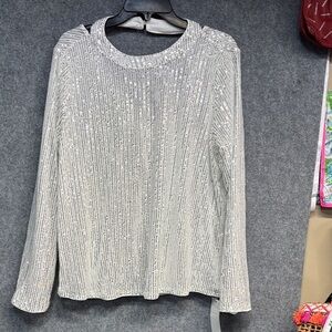 Grace Karen white lined Silver Sequin shining Long Sleeve open back shirt  XL